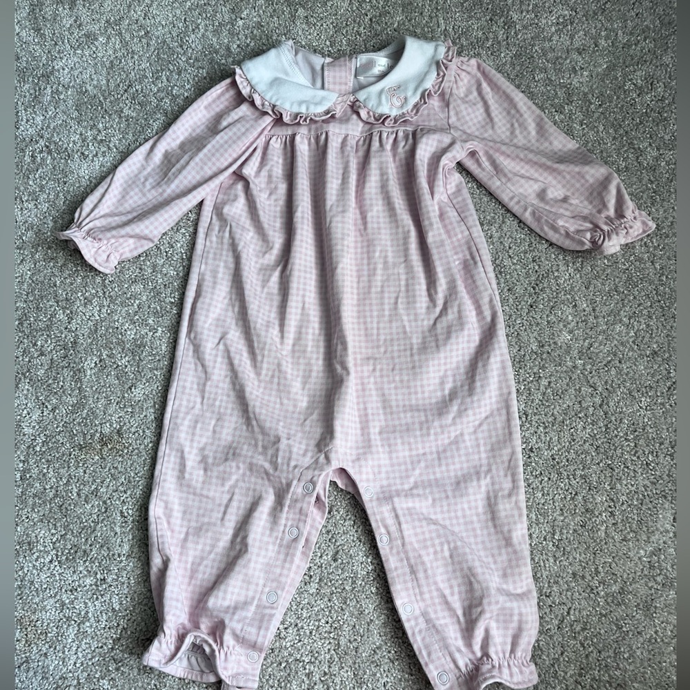 Long pink gingham bubble with “E” Monogram